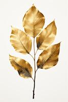 Leaf drawn with gold lines, leaf whole in the frame. AI generative photo