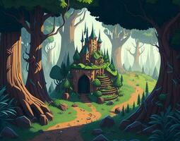 dibujos animados estilo bosque verano escena ilustración para niños, un juguetón selva paisaje, juego concepto Arte fondo, ai generado foto