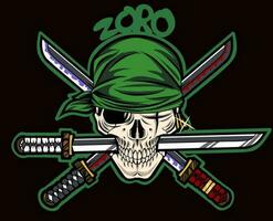 zoro Skull with tri katana straw hat vector illustration