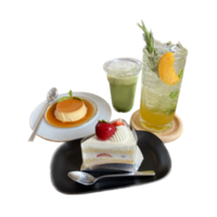 Dessert in cafe strawberry cake pudding matcha peach soda Colorful png