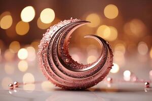 Moon with pink glitter effect with light vermilion background with small defocused sparkles. photo