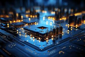 Mechanism, computer circuits, light blue background. photo
