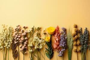 Medicinal herbs flowers, on a pastel yellow background. AI generative photo