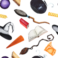 scopa, cappello, candela, libro e calderone. acquerello illustrazione di un' senza soluzione di continuità modello. un' impostato di elementi su un' trasparente sfondo per Halloween. per il tuo design. png