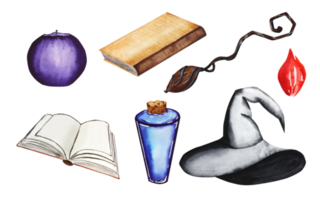 Set of watercolor illustrations for halloween. A set of books, candles, a broom, a potion and a hat, hand-drawn for a holiday, a party on a transparent background. For your design. png