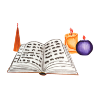 Watercolor illustration of a book of spells and candles. The drawing is handmade for Halloween on a transparent background. For your design. png