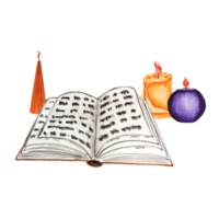 Watercolor illustration of a book of spells and candles. The drawing is handmade for Halloween on a transparent background. For your design. png