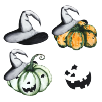 Pumpkins in a hat with faces. Watercolor illustration of a set and elements for Halloween on a transparent background. Festive decor. Hand drawn for your design. png