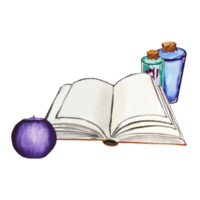 Book with candles and potions. Watercolor illustration of Halloween set isolated on transparent background. Hand drawn for your design. png