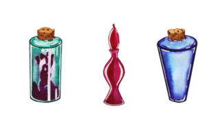 Watercolor illustration of a set of magical elixirs. The drawing of the potion is made by hand on a transparent background. Witch magic potion for your design. png