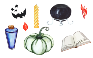 Set of watercolor illustrations for Halloween. A set of hand-drawn pumpkins, faces, books, candles, a cauldron and a potion for a holiday, party on a transparent background. For your design. png