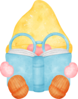 Cheerful Gnome Reading a Book in a Vibrant Watercolor cartoon character hand drawing illustration. Perfect for educational resources, fantasy-themed projects, and creating a cozy atmosphere. png