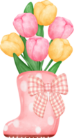 vibrant bouquet of tulip flowers in boots  in a delightful pastel watercolour hand drawing png