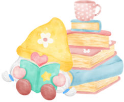 Cheerful Gnome Reading a Book in a Vibrant Watercolor cartoon character hand drawing illustration. Perfect for educational resources, fantasy-themed projects, and creating a cozy atmosphere. png