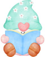 Cheerful Gnome Reading a Book in a Vibrant Watercolor cartoon character hand drawing illustration. Perfect for educational resources, fantasy-themed projects, and creating a cozy atmosphere. png