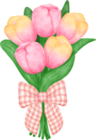 vibrant bouquet of tulip flowers with cute bow tie  in a delightful pastel watercolour hand drawing png