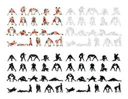 Set of wrestlers silhouettes. Image of greco roman wrestling, martial art, sportsmanship vector