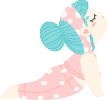 Cute cartoon girl in cobra pose. Pastel-colored illustration of yoga girl for yoga lovers and self-care enthusiasts. png