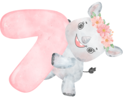 acuarela ilustración de un linda y alegre bebé rinoceronte vistiendo un flor corona con un rosado número siete, 7. png