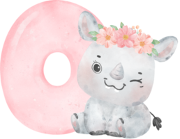 Aquarell Illustration von ein süß und heiter Baby Nashorn tragen ein Blume Krone mit ein Rosa Nummer null,0. png