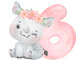 Aquarell Illustration von ein süß und heiter Baby Nashorn tragen ein Blume Krone mit ein Rosa Nummer sechs, 6. png