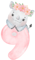 aquarelle illustration de une mignonne et de bonne humeur bébé rhinocéros portant une fleur couronne avec une rose nombre neuf,9. png