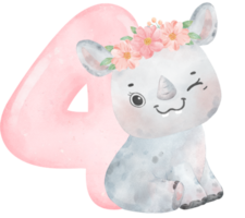 vattenfärg illustration av en söt och glad bebis noshörning bär en blomma krona med en rosa siffra fyra, 4. png