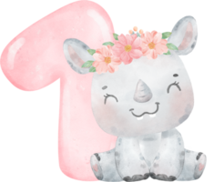 Watercolor Illustration of a Cute and Cheerful Baby Rhinoceros Wearing a Flower Crown with a Pink Number one, 1. png