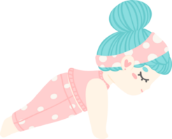 Cute cartoon girl in plank yoga pose. Pastel-colored illustration of yoga girl for yoga lovers and self-care enthusiasts. png