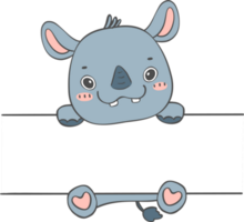 mignonne bébé rhinocéros animal pendaison sur étiquette Nom Cadre main enfant dessin illustration png