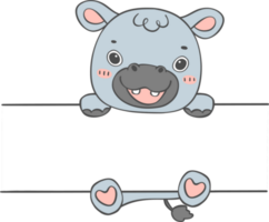 mignonne bébé hippopotame animal pendaison sur étiquette Nom Cadre main enfant dessin illustration png