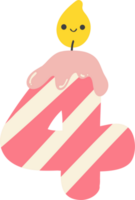 A cartoon number 4 birthday candle with a pink and white striped design. This cheerful and festive image is perfect for any birthday celebration. png