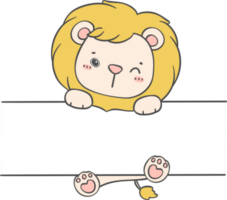 mignonne bébé Lion animal pendaison sur étiquette Nom Cadre main enfant dessin illustration png