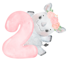 waterverf illustratie van een schattig en vrolijk baby neushoorn vervelend een bloem kroon met een roze aantal twee, 2. png