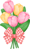 vibrant bouquet of tulip flowers with cute bow tie  in a delightful pastel watercolour hand drawing png