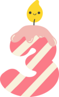 un' cartone animato numero 3 compleanno candela con un' rosa e bianca a strisce design. Questo allegro e festivo Immagine è Perfetto per qualunque compleanno celebrazione. png