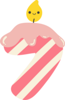 un' cartone animato numero 7 compleanno candela con un' rosa e bianca a strisce design. Questo allegro e festivo Immagine è Perfetto per qualunque compleanno celebrazione. png