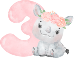 Watercolor Illustration of a Cute and Cheerful Baby Rhinoceros Wearing a Flower Crown with a Pink Number three, 3. png