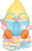 de bonne humeur gnome en train de lire une livre dans une vibrant aquarelle dessin animé personnage main dessin illustration. parfait pour éducatif ressources, sur le thème de la fantaisie projets, et création une confortable atmosphère. png