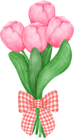 vibrant bouquet of tulip flowers with cute bow tie  in a delightful pastel watercolour hand drawing png