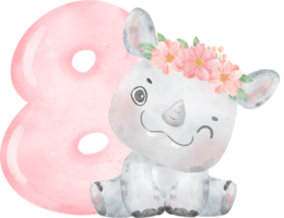 waterverf illustratie van een schattig en vrolijk baby neushoorn vervelend een bloem kroon met een roze aantal acht, 8. png