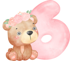 Baby Bear Birthday Girl with Numbers 6, Wearing Flower Crown,Watercolor Nursery PNG Set