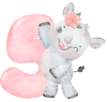 aquarelle illustration de une mignonne et de bonne humeur bébé rhinocéros portant une fleur couronne avec une rose nombre cinq, 5. png