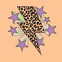 diseño para camiseta de el símbolo de trueno con animal impresión rodeado por estrellas en un rosado antecedentes. vector ilustración para el textil industria.