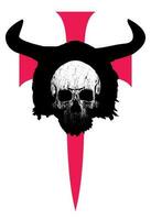 Viking skull t-shirt design on a large red medieval cross isolated on white. vector illustration for themes of medieval wars.