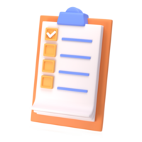 3d white clipboard icon task management todo check list on orange plane background. Work project plan concept, fast checklist, posting plan. isolated with transparent png