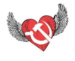 T-shirt design of a winged red heart with the symbol of communism isolated on white. Vector illustration of a hammer and sickle for stickers.