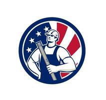American Carpenter Holding Spirit Level With USA Flag Circle Color Retro vector