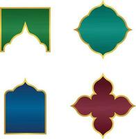 Frame Ramadan. Islamic windows and arches with modern boho design, mosque dome and lanterns.Vector Pro vector