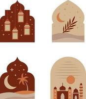 Boho Islamic windows and arches with modern boho design, moon, mosque dome and lanterns. Vector illustration